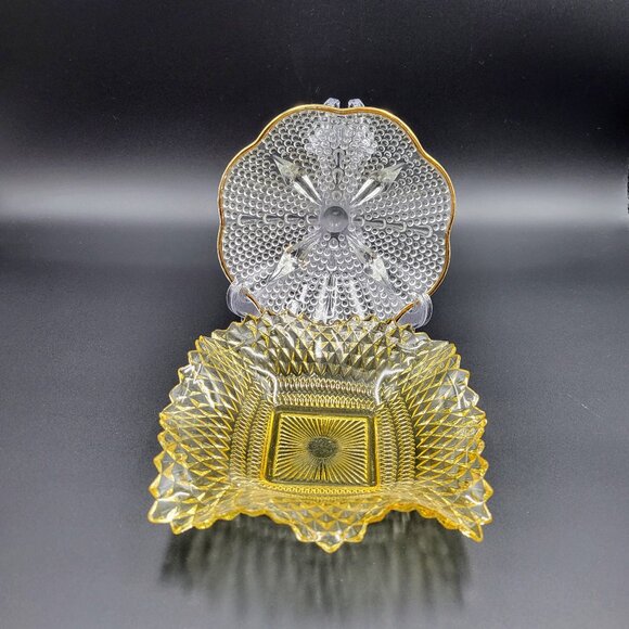 Serving Dishes Round Footed Square Clear Gold Yellow Glass Kitchen Candy Server - Picture 3 of 13